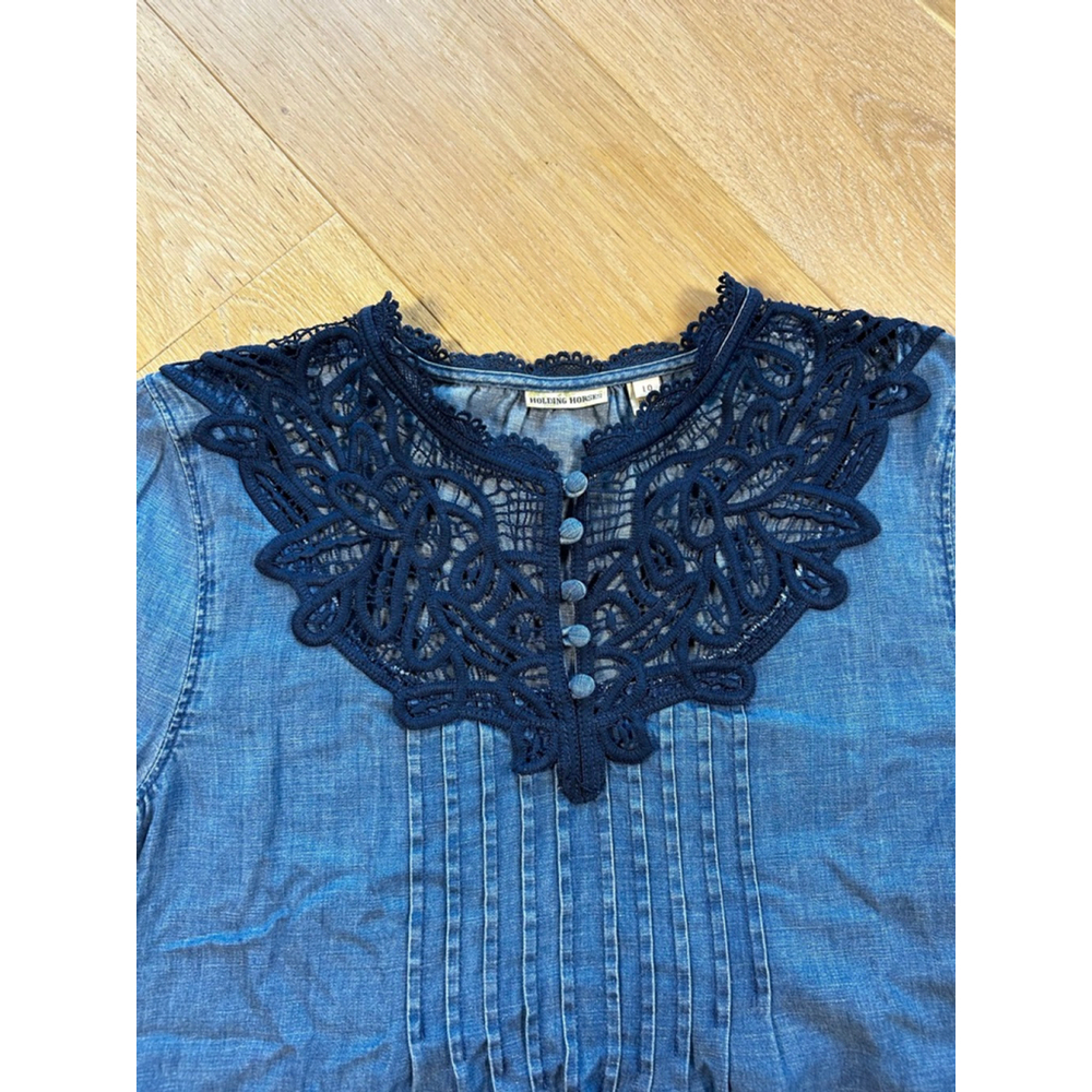 HOLDING HORSES Boho Light Blue DenimTunic with Navy Lace Size 10 - Picture 3 of 11